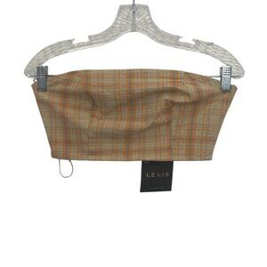 Le Lis Plaid Strapless Crop Top Small Tan Blue New Back Zipper Smocked Details